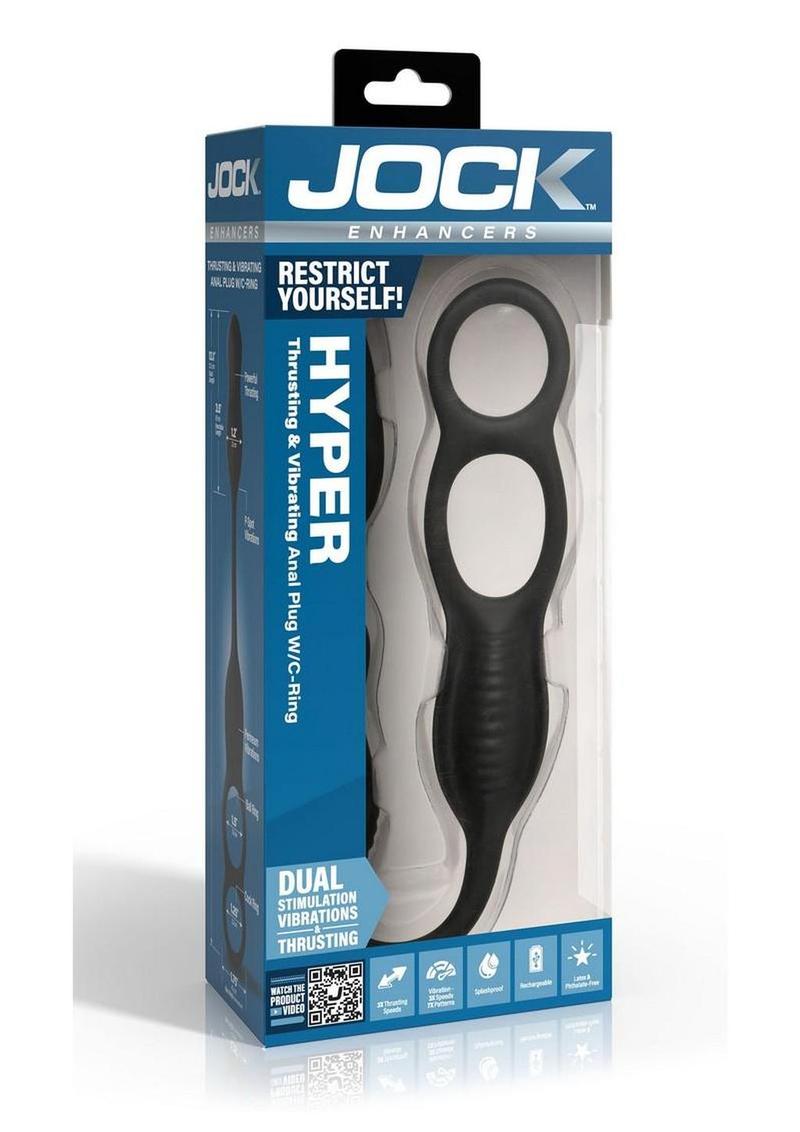 Jock Hyper Thrusting and Vibrating Rechargeable Silicone Anal Plug with C-Ring - Black