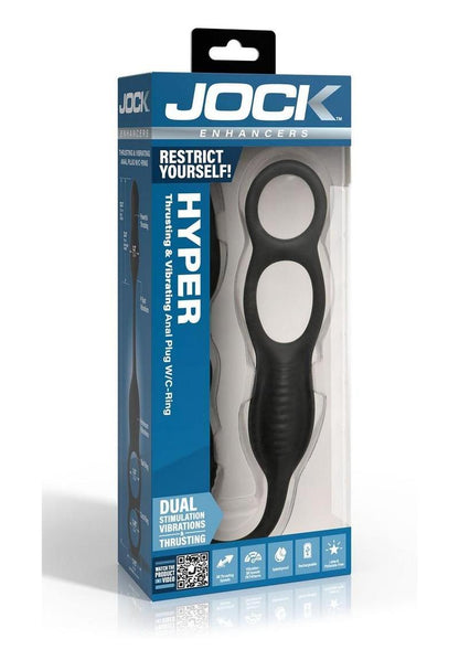 Jock Hyper Thrusting and Vibrating Rechargeable Silicone Anal Plug with C-Ring - Black