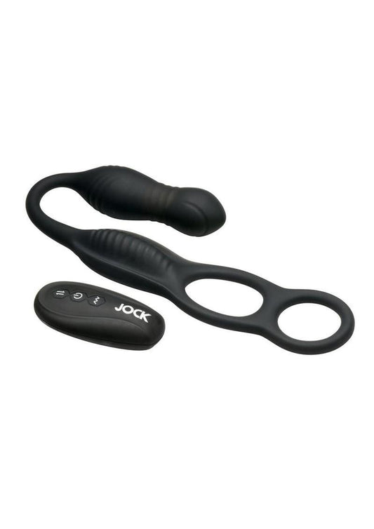 Jock Hyper Thrusting and Vibrating Rechargeable Silicone Anal Plug with C-Ring - Black