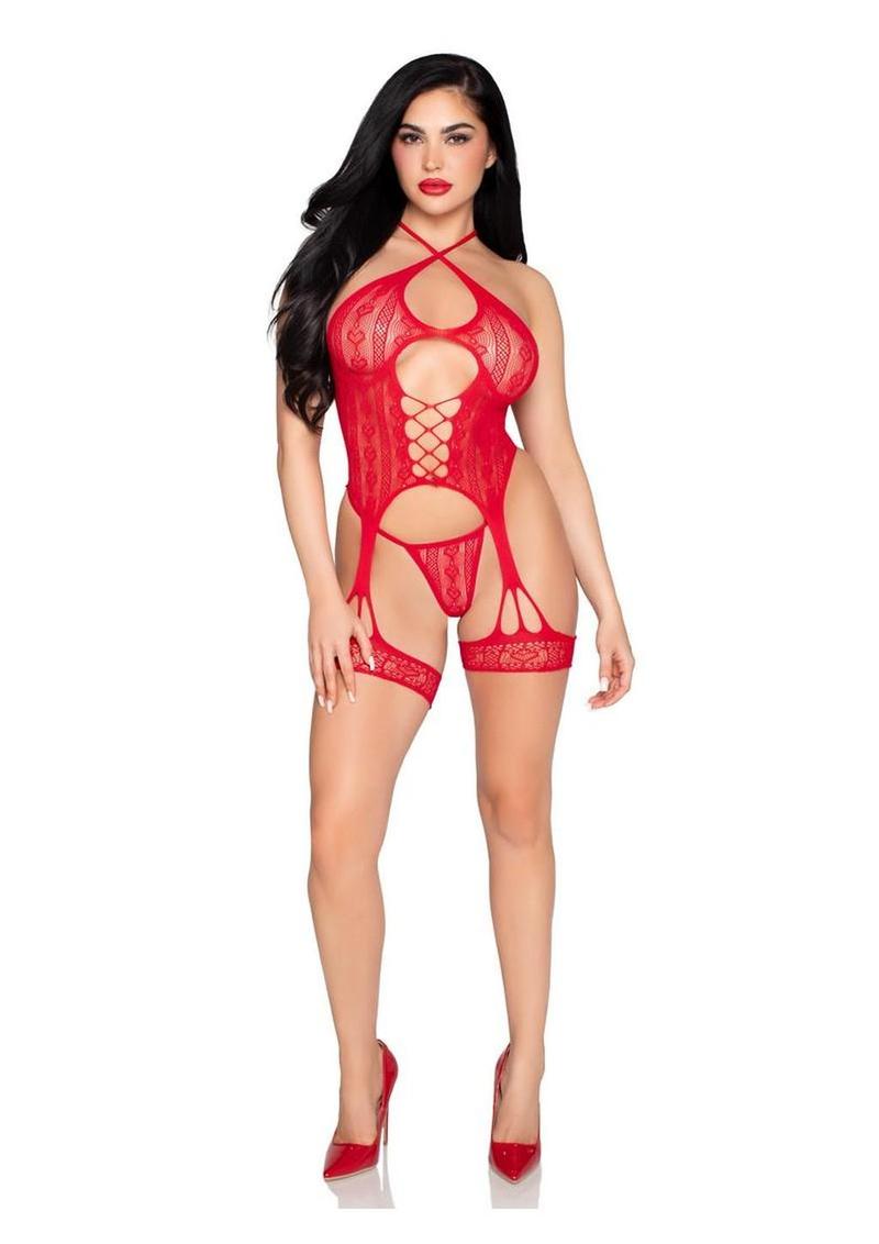 Leg Avenue Heart Halter Cami Garter and G-String Panty