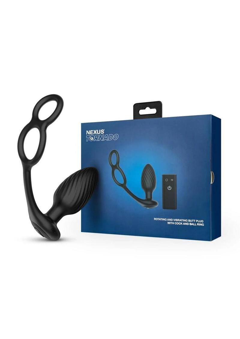 Nexus Tornado Silicone Rechargeable Remote Rotating Plug with Cock and Ball Rings - Black
