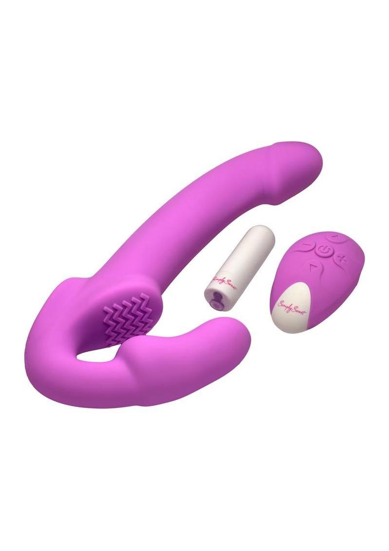Simply Sweet Candy Crush Vibrating Rechargeable Silicone Strapless Strap-On with Remote - Purple
