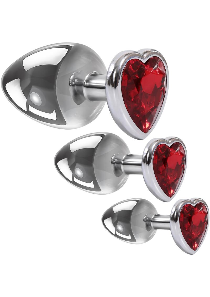 Adam and Eve Three Hearts Gem Anal Plug Kit - Metal/Red/Silver - 3 Piece Set