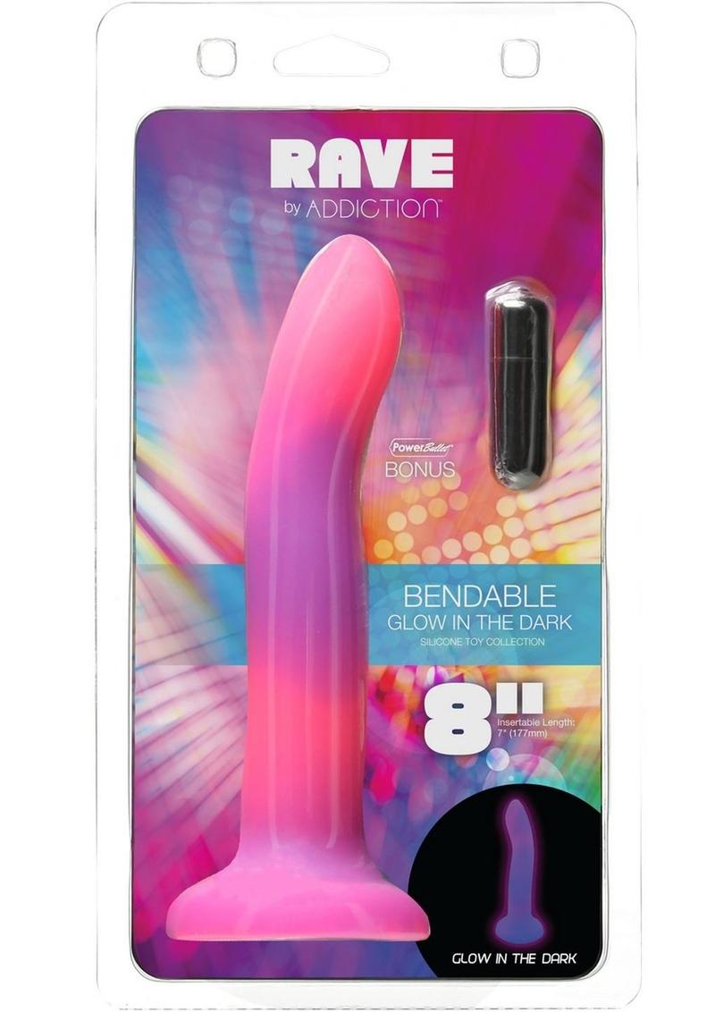 Addiction Rave Silicone Glow In The Dark Dildo - Glow In The Dark/Pink/Purple - 8in