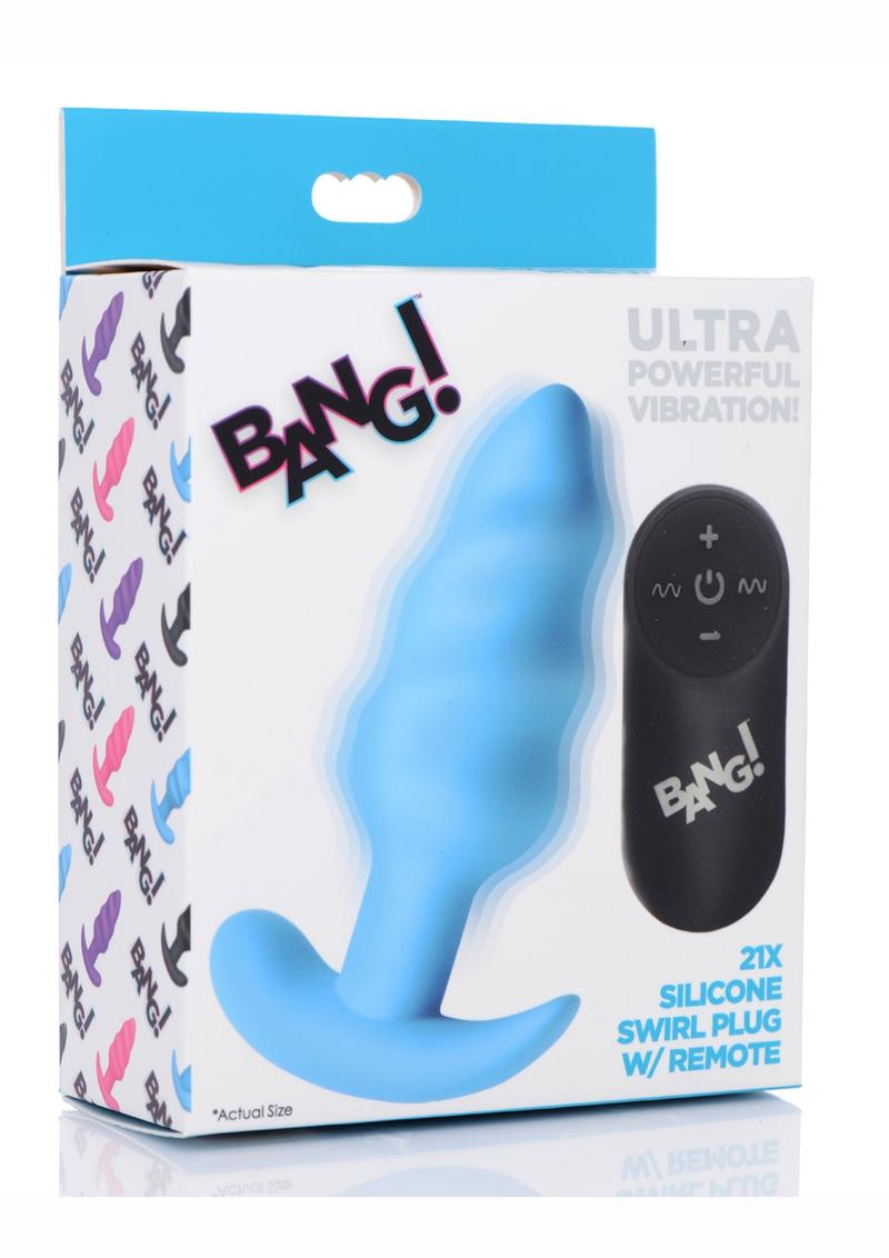 Bang! 21x Vibrating Silicone Rechargeable Swirl Butt Plug with Remote Control - Blue