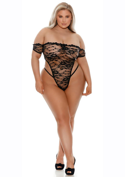 Barely Bare Lace Thong Teddy - Black - Plus Size/Queen