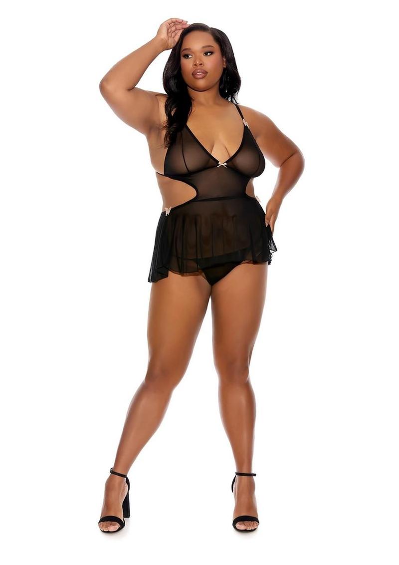 Barely Bare Tie-Back Baby Doll Teddy and Thong - Black - Plus Size/Queen