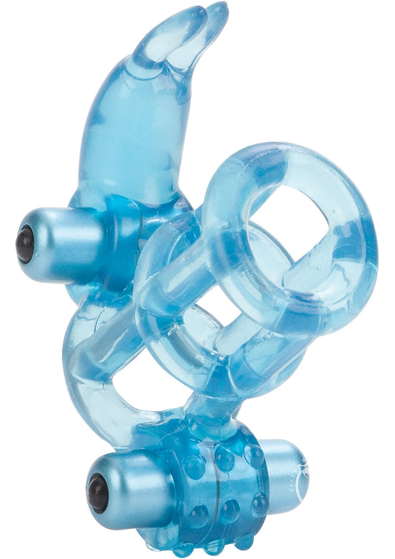 Basic Essentials Double Trouble Vibrating Support System Cock Ring with Clitoral Stimulation - Blue