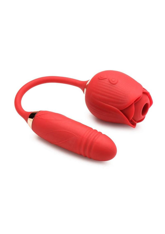 Bloomgasm Romping Rose 10x Rechargeable Silicone Suction Rose and Thrusting Vibrator - Red