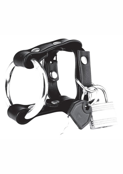 Blue Line C and B Gear Metal Cock Ring with Locking Ball Strap - Black/Metal