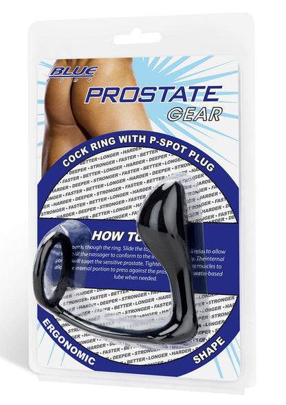 Blue Line Prostate Gear Cock Ring with P-Spot Plug - Black