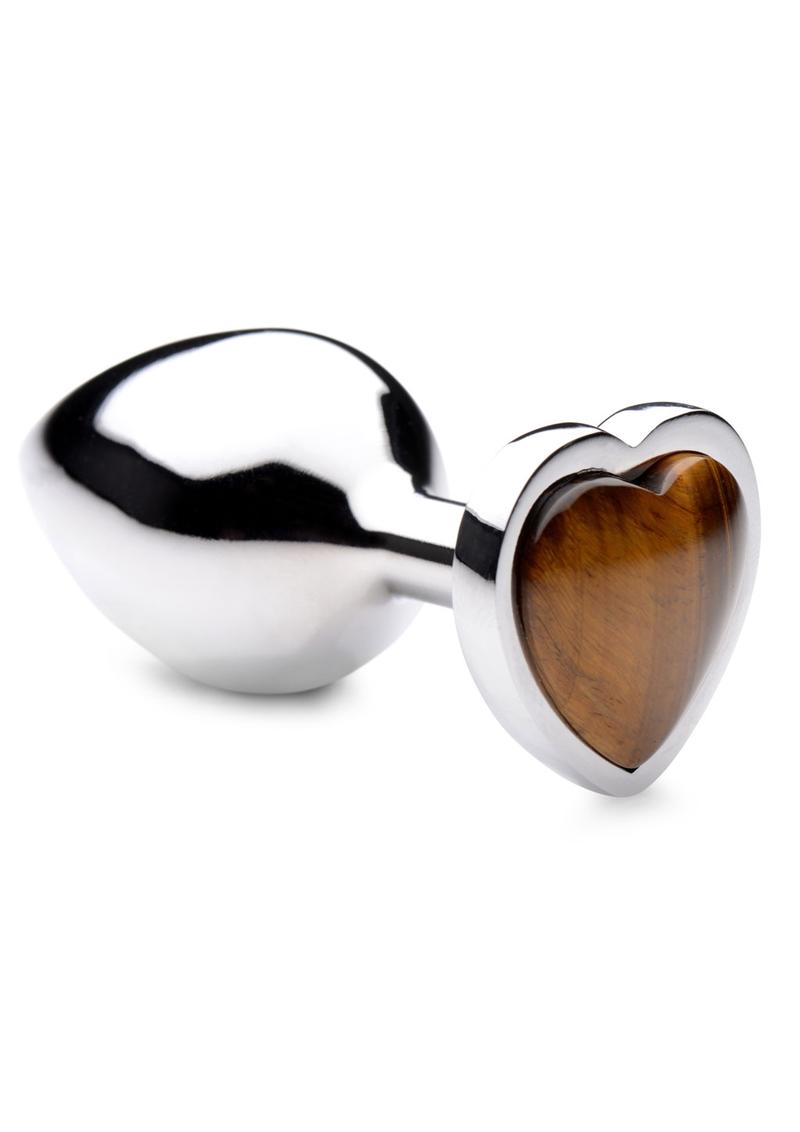 Booty Sparks Gemstones Tiger Eye Heart Anal Plug - Brown/Metal - Medium