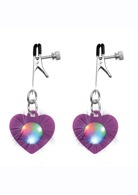 Charmed Silicone Light-Up Heart Nipple Clamps - Purple