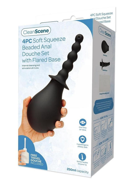 Cleanscene Soft Squeeze Beaded Anal Douche Set with Flared Base - Black - 4 Piece