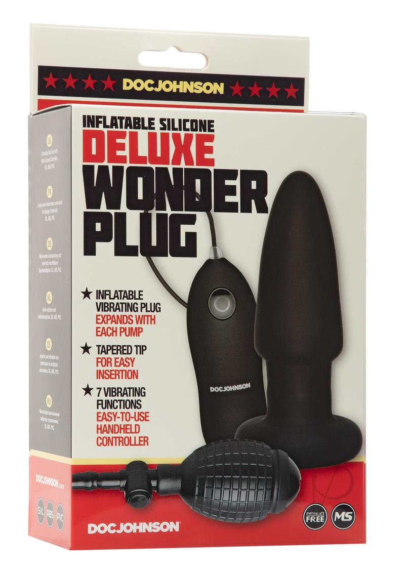 Deluxe Wonder Plug Inflatable Silicone Vibrating Butt Plug with Remote Control - Black