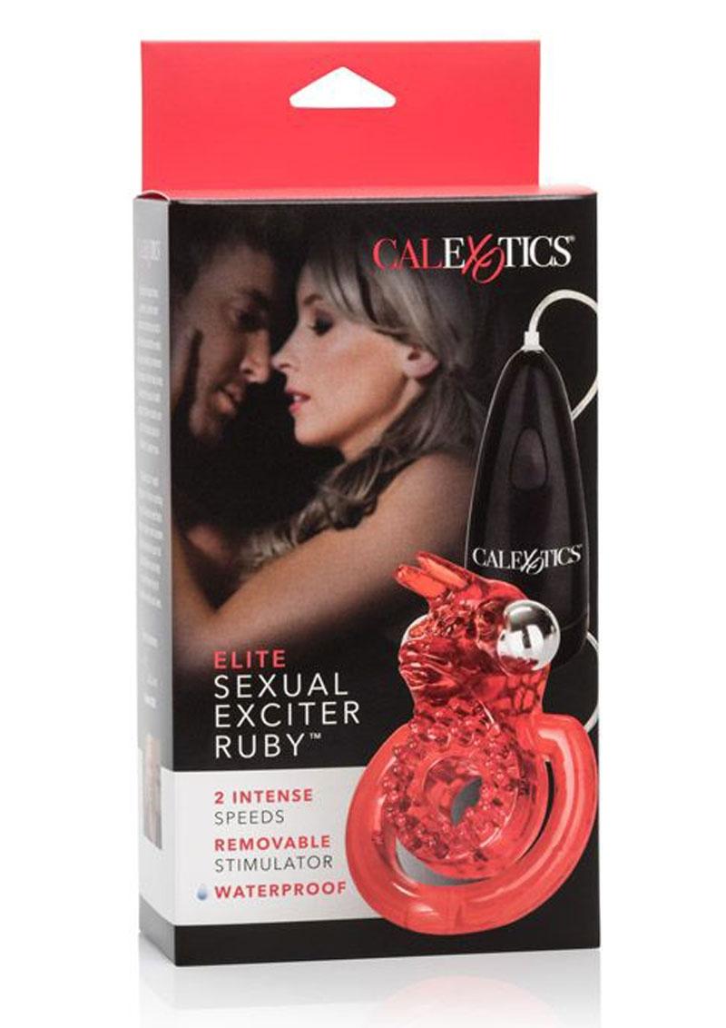 Elite Sexual Exciter Ruby Vibrating Cock Ring with Clitoral Stimulation - Glow In The Dark/Red