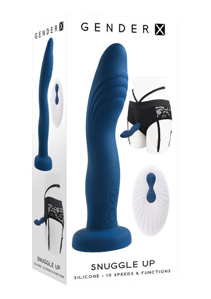 Gender X Snuggle Up Rechargeable Silicone Dual Vibrating Strap-On with Remote Control - Black/Blue