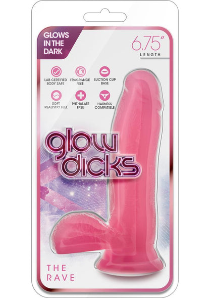 Glow Dicks The Rave Dildo with Balls - Glow In The Dark/Pink - 6.75in