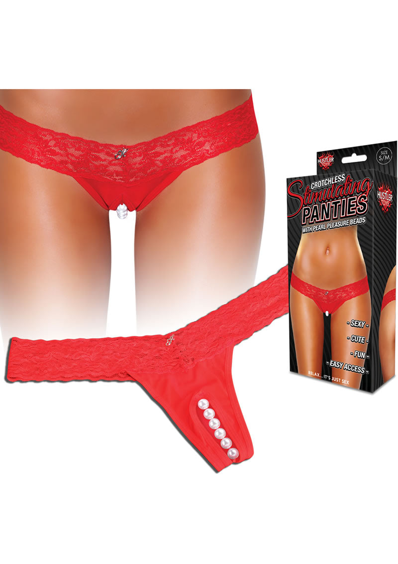 Hustler Toys Crotchless Stimulating Panties Thong with Pearl Pleasure Beads - Red - Large/Medium