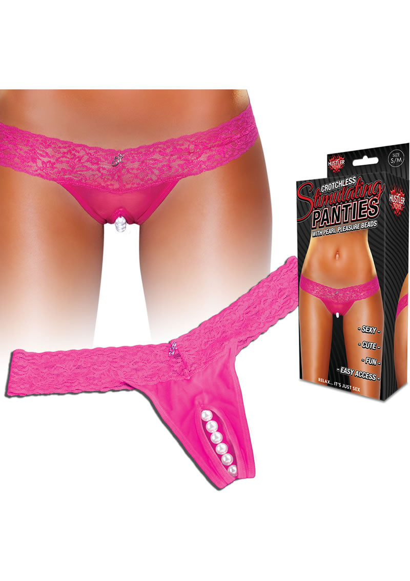 Hustler Toys Crotchless Stimulating Panties Thong with Pearl Pleasure Beads - Pink - Medium/Small