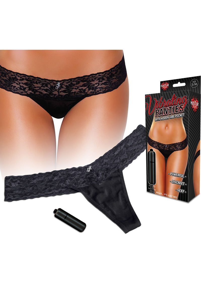 Hustler Toys Vibrating Panties Panty Vibe Lace Thong with Hidden Vibe Pocket - Black - Large/Medium