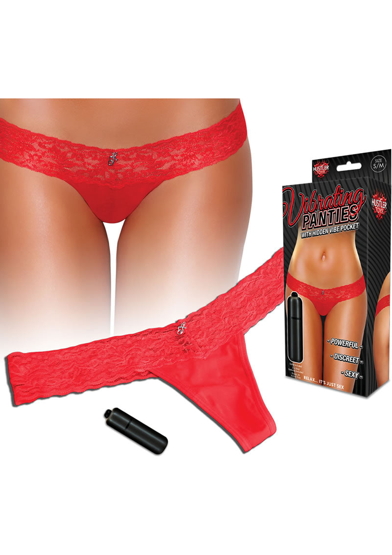 Hustler Toys Vibrating Panties Panty Vibe Lace Thong with Hidden Vibe Pocket - Red - Large/Medium