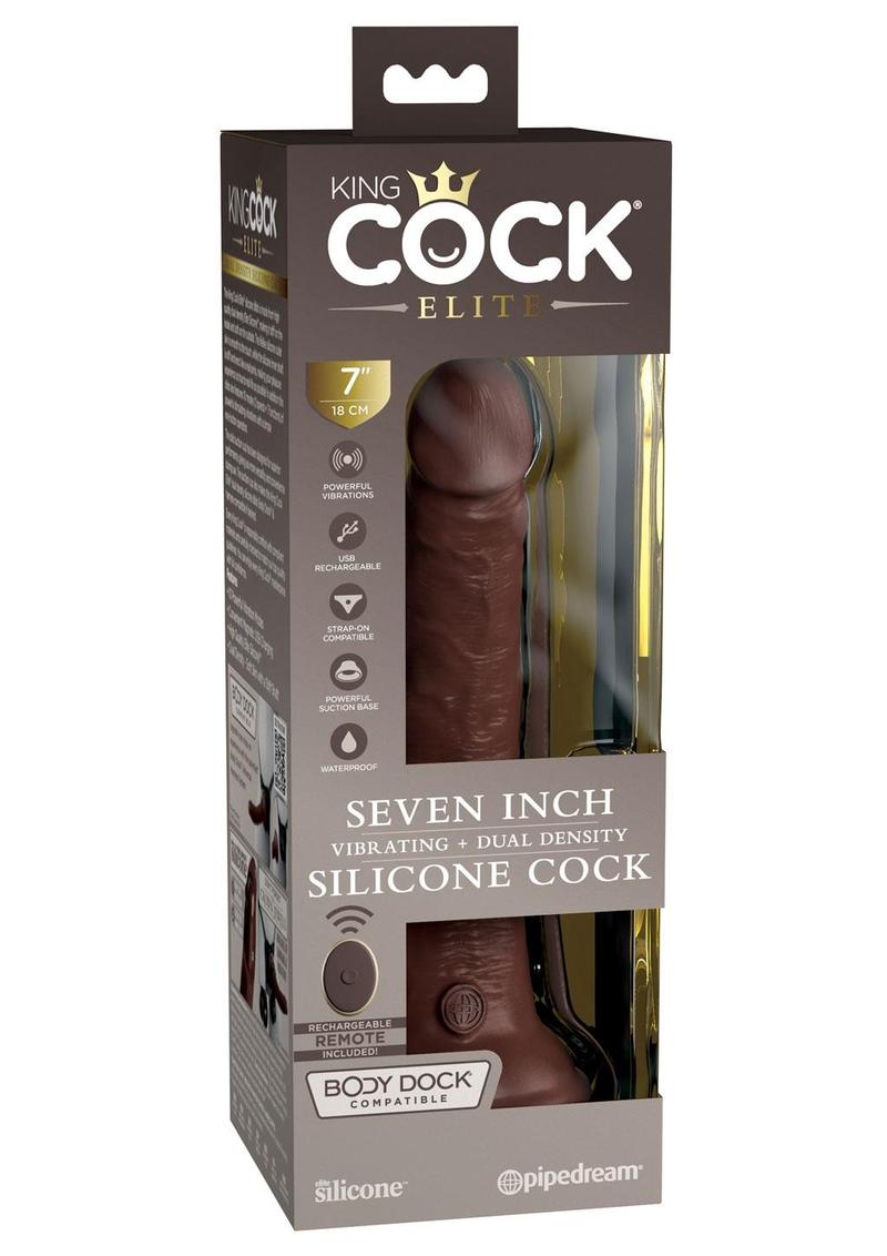 King Cock Elite Dual Density Vibrating Rechargeable Silicone with Remote Control Dildo - Chocolate - 7in