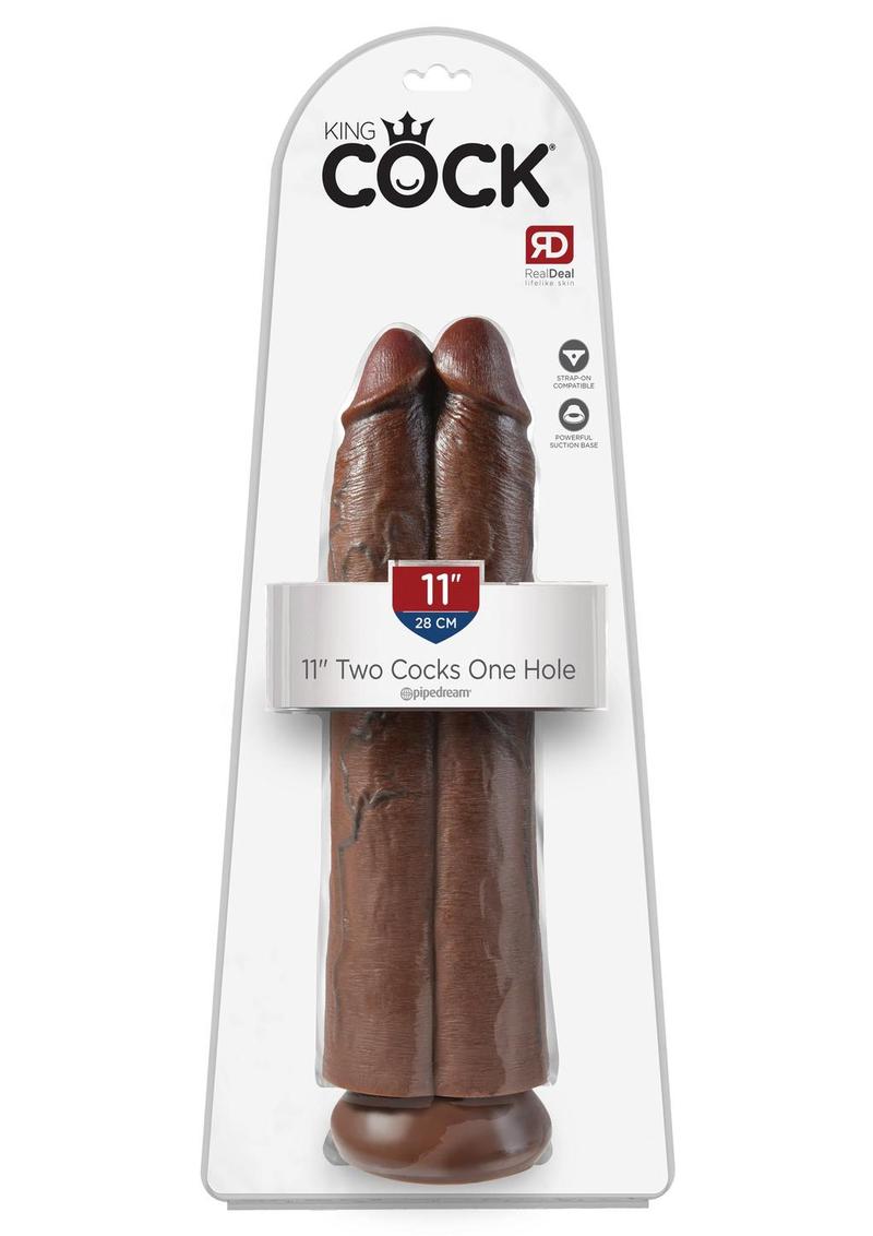 King Cock Two Cocks One Hole Dildo - Chocolate - 11in