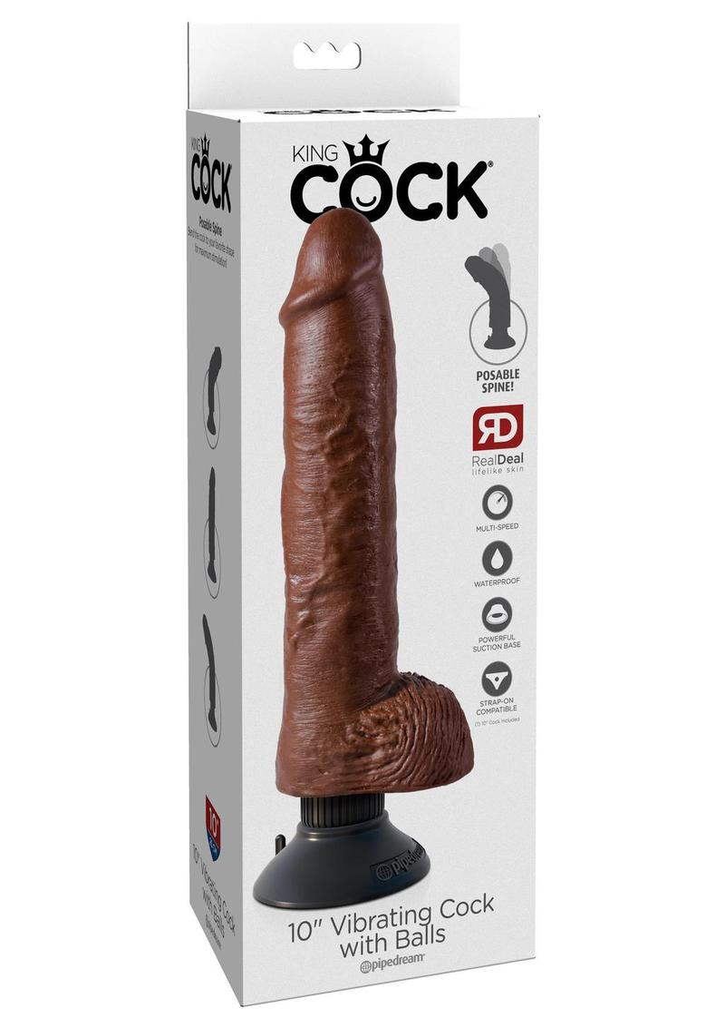 King Cock Vibrating Dildo with Balls - Chocolate - 10in