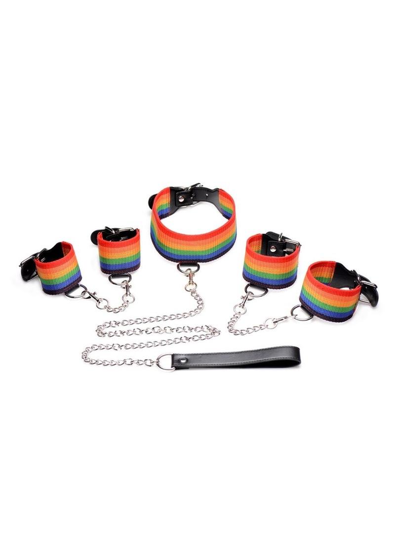 Kinky Pride Rainbow Bondage Set - Wrist/Ankle Cuffs and Collar with Leash