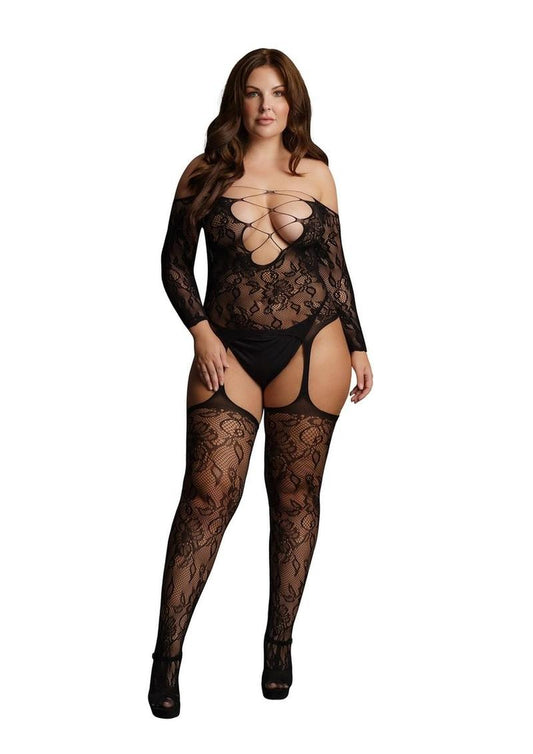 Le Desir Criss Cross Neck Suspender Bodystocking - Black - Queen