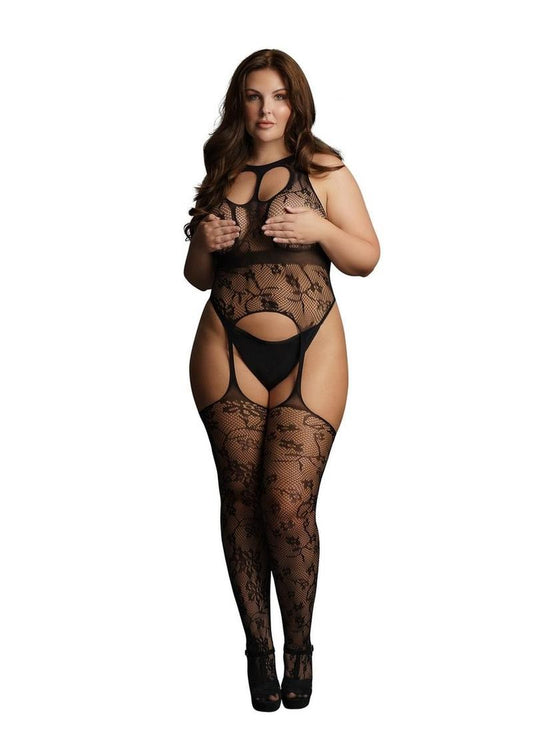 Le Desir Lace Suspender Bodystocking with Round Neck - Black - Queen