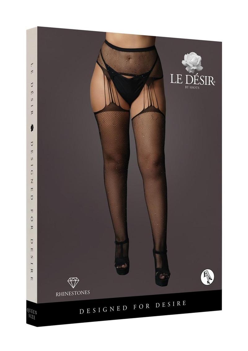 Le Desir Suspender Rhinestone Pantyhose - Black - Queen