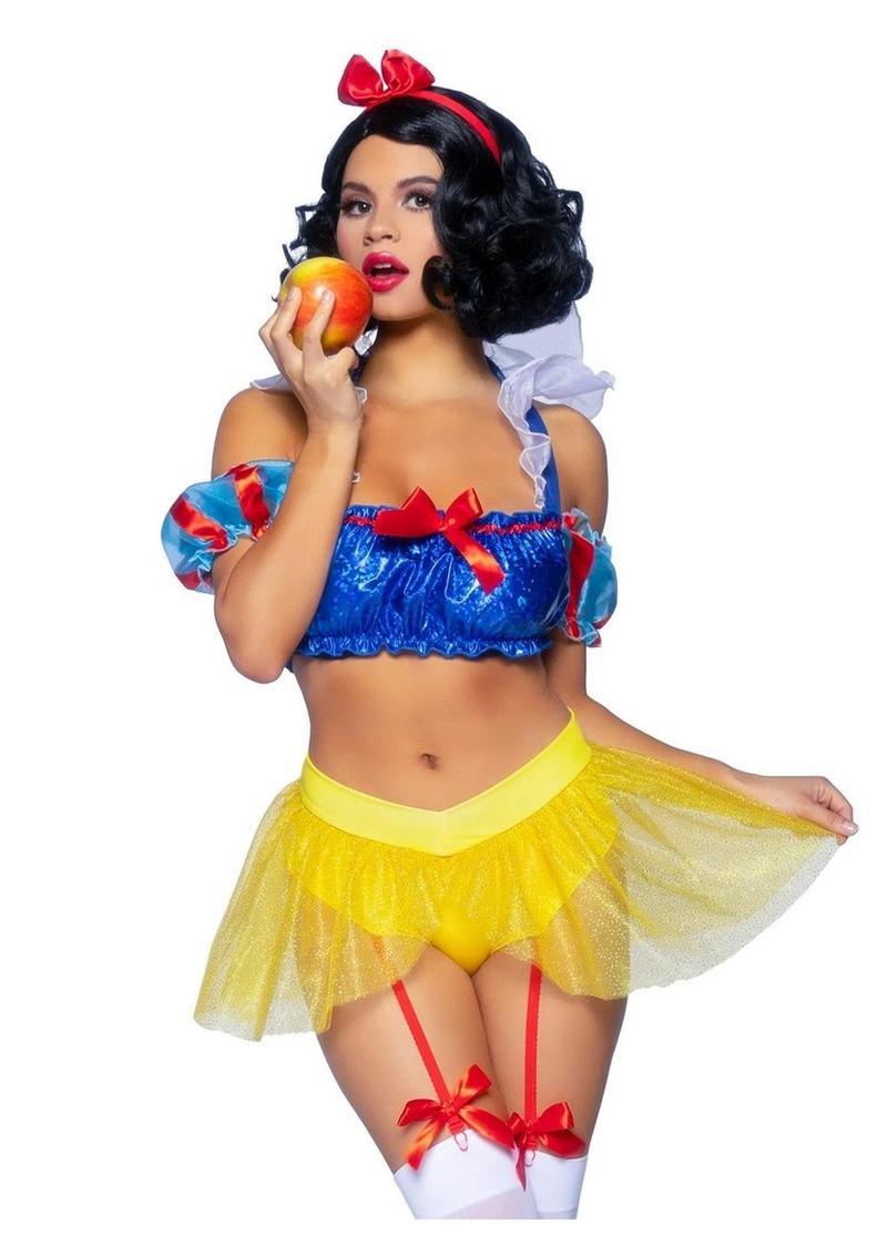 Leg Avenue Bad Apple Snow White, Shimmer Halter Bandeau with Organza Puff Sleeves and Ruffle Collar, Garter Panty with Shimmer Sheer Skirt, and Matching Bow Headband - Multicolor - Large - 3 Piece