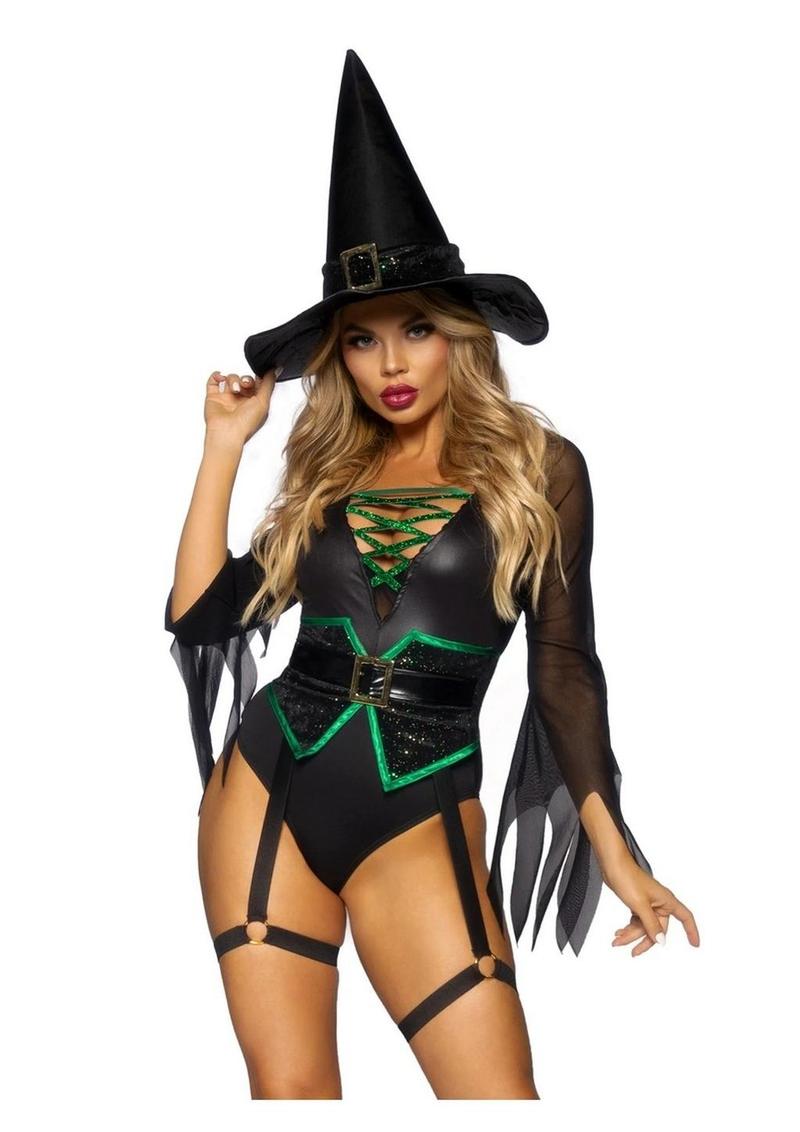 Leg Avenue Broomstick Babe Bodysuit with Lace Up Deep-V and Waist Cincher Buckle Accent, Attached Garters, and Witch Hat - Black - Medium - 2 Piece