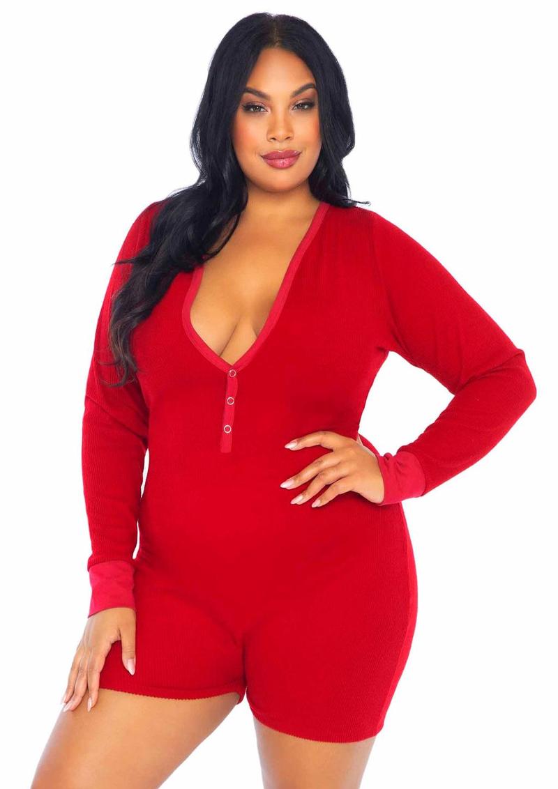 Leg Avenue Brushed Rib Romper Long Johns with Cheeky Snap Closure Back Flap - Red - Queen/XLarge/XXLarge