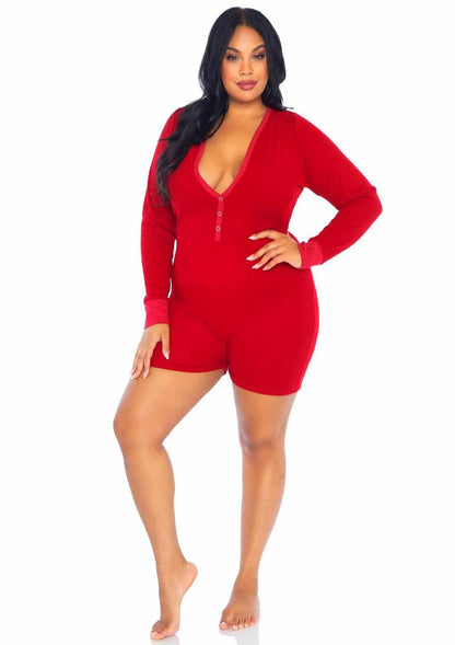 Leg Avenue Brushed Rib Romper Long Johns with Cheeky Snap Closure Back Flap