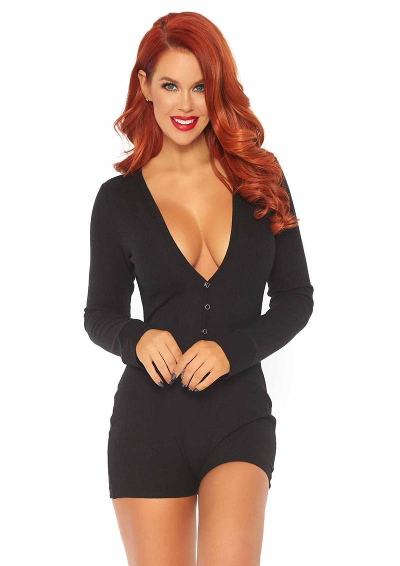 Leg Avenue Brushed Rib Romper Long Johns with Cheeky Snap Closure Back Flap - Black - Large/Medium