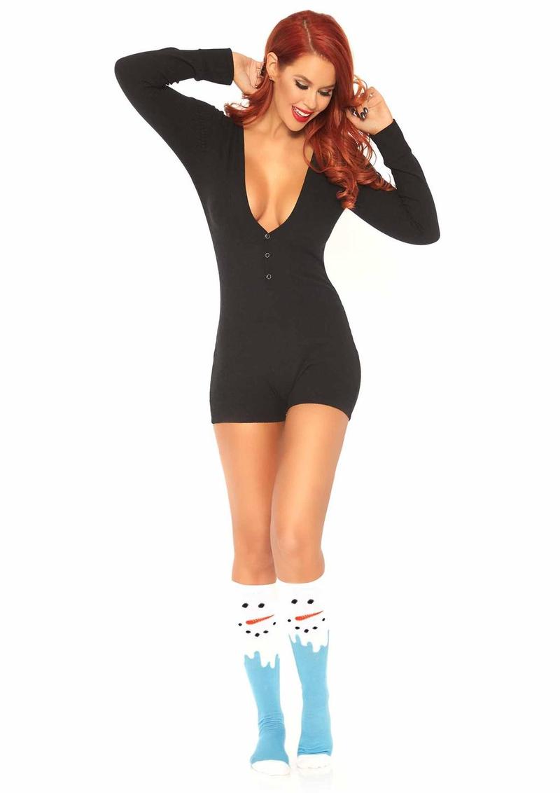 Leg Avenue Brushed Rib Romper Long Johns with Cheeky Snap Closure Back Flap