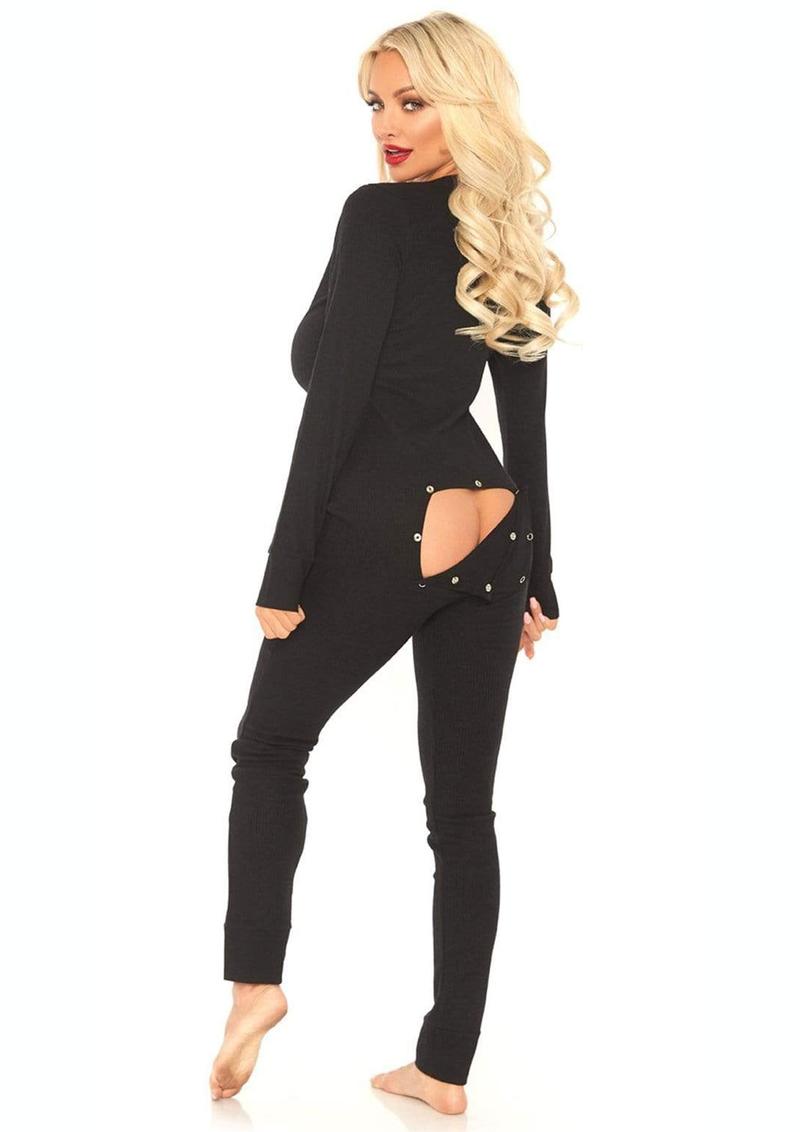 Leg Avenue Cozy Brushed Rib Long Johns with Cheeky Snap Closure Back Flap - Black - Large/XLarge