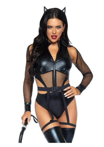 Leg Avenue Criminal Kitty Cut-Out Zip Up Bodysuit with Snap Crotch, Belt with Attached Garters, and Cat Ear Headband - Black - Large - 3 Piece