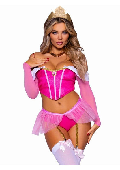 Leg Avenue Dreamy Princess Velvet Boned Crop Top with Jewel Accent, Garter Panty with Peplum Skirt, Removable Clear Straps, and Crown Headband - Pink - Small - 4 Piece