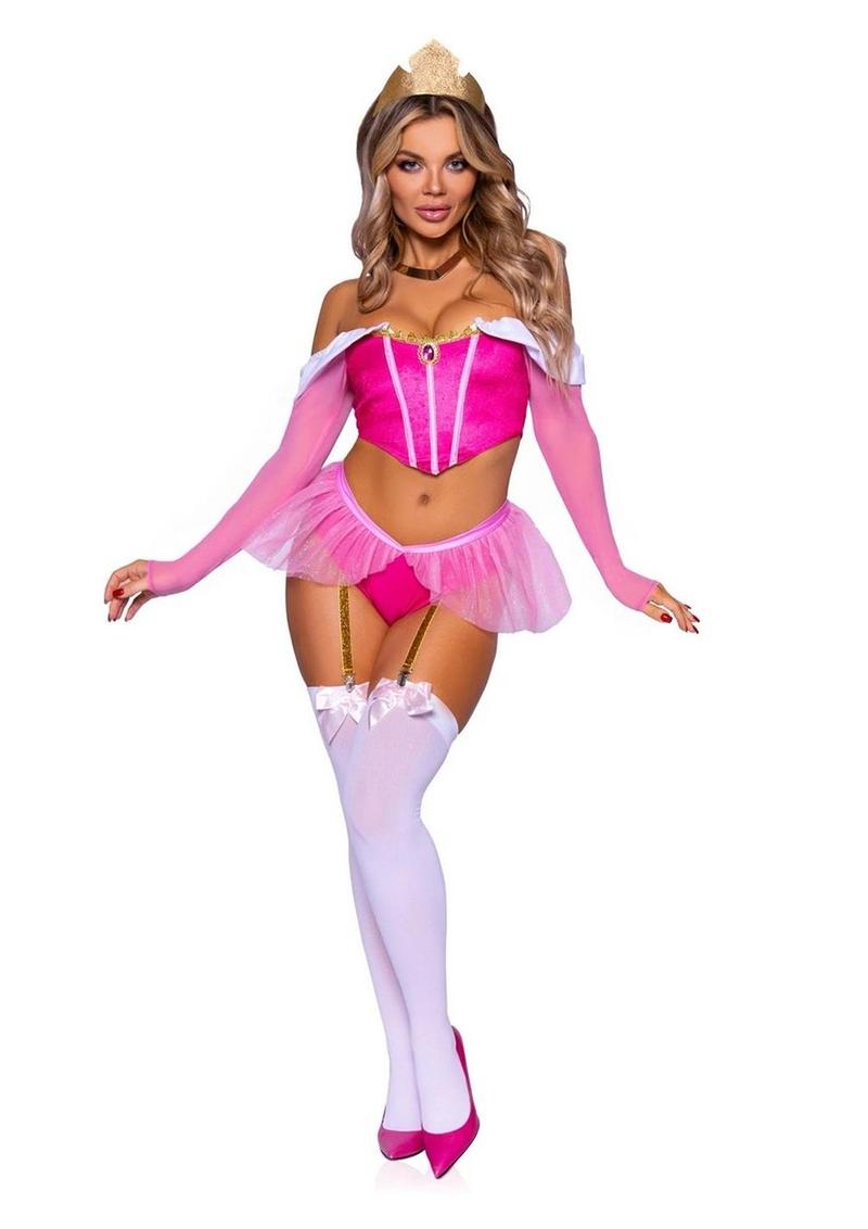 Leg Avenue Dreamy Princess Velvet Boned Crop Top with Jewel Accent, Garter Panty with Peplum Skirt, Removable Clear Straps, and Crown Headband