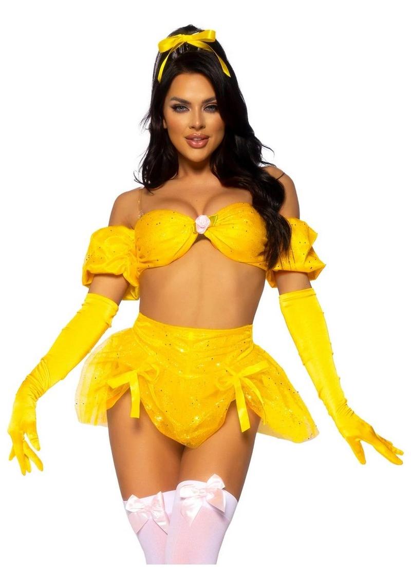 Leg Avenue Fairytale Beauty Glitter Shimmer Bra Top with Gathered Rosette Center and Puff Sleeves, High Waist Panty with Ribbon Pick-Up Skirt, Removable Clear Straps, and Matching Hair Ribbon - Yellow - Medium - 4 Piece