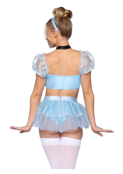 Leg Avenue Glass Slipper Cinderella Boned Sweetheart Crop Top with Organza Sleeves, Garter Panty with Shimmer Sheer Skirt, Ribbon Choker, and Matching Hair Band