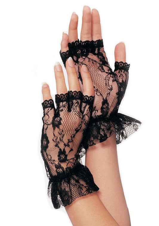 Leg Avenue Lace Fingerless Wrist Ruffle Gloves - Black - One Size