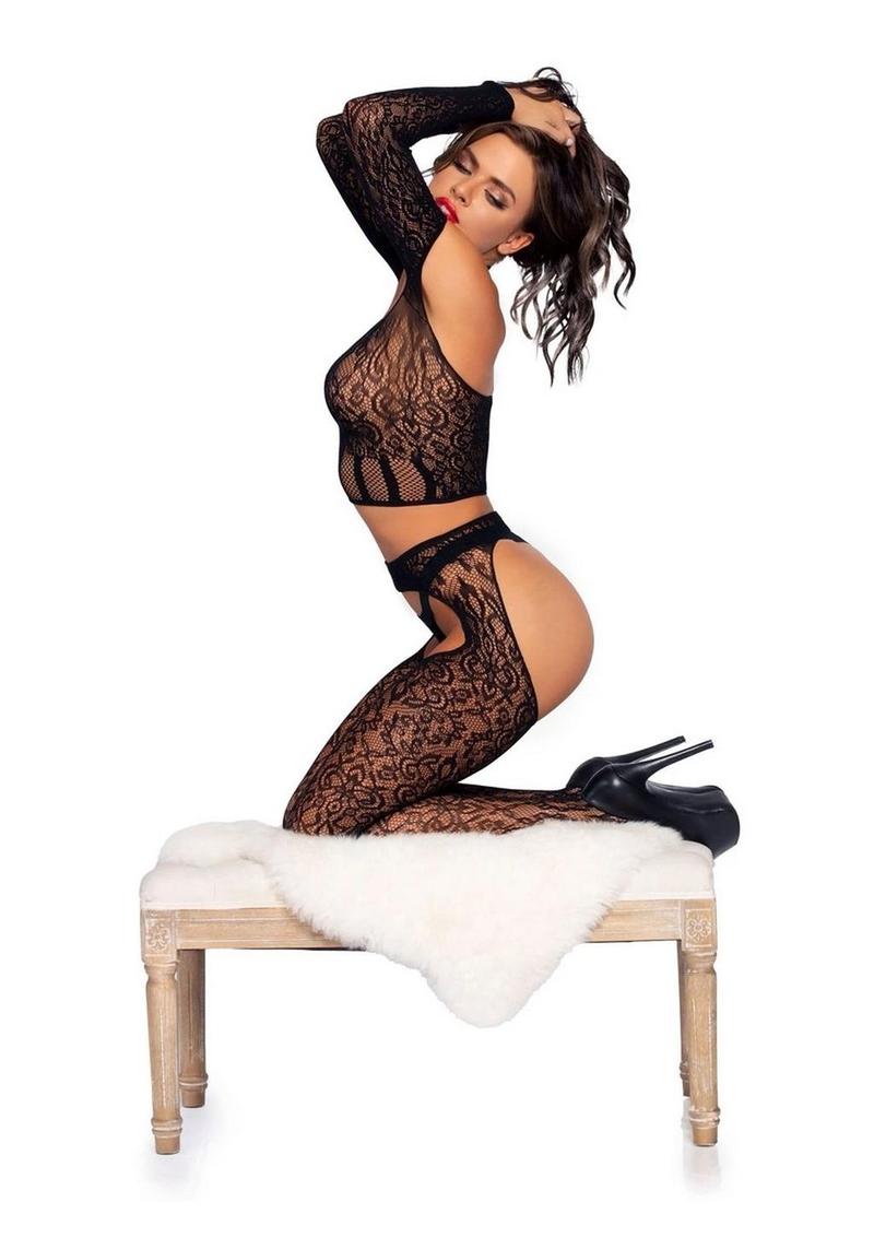 Leg Avenue Lace Long Sleeve Halter Choker Crop Top, Lace Suspender Hose, and G-String