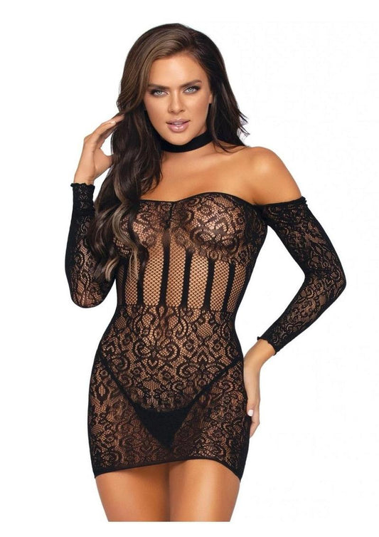 Leg Avenue Lace Long Sleeve Halter Choker Mini Dress - Black - One Size