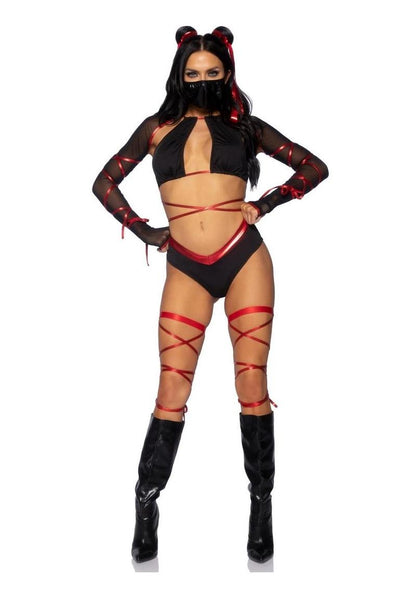 Leg Avenue Lethal Ninja Strappy Wrap-Around Bra Top with Attached Mesh Gloved Shrug, V-Cut Bottoms, Leg Wraps, Face Mask, and Matching Hair Ties