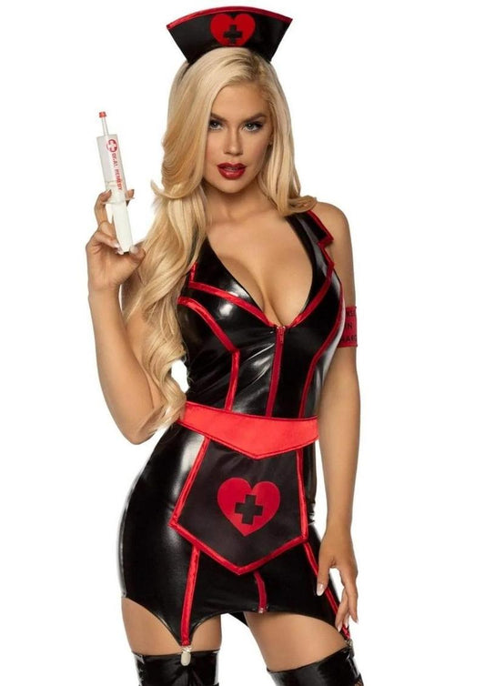 Leg Avenue Naughty Nurse Zip Up Wet Look Garter Dress, Heart Apron, Arm Band, and Head - Black/Red - XSmall - 4 Piece/Piece